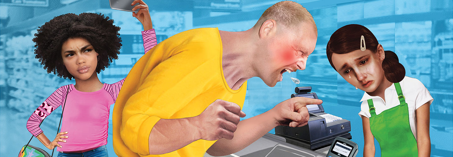 a woman takes a photo while a man yells at a cashier