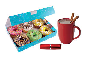 Image of a box of six donuts with a mug of hot chocolate