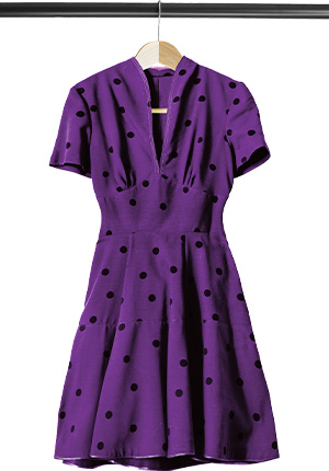 Image of a purple dress with black polka dots