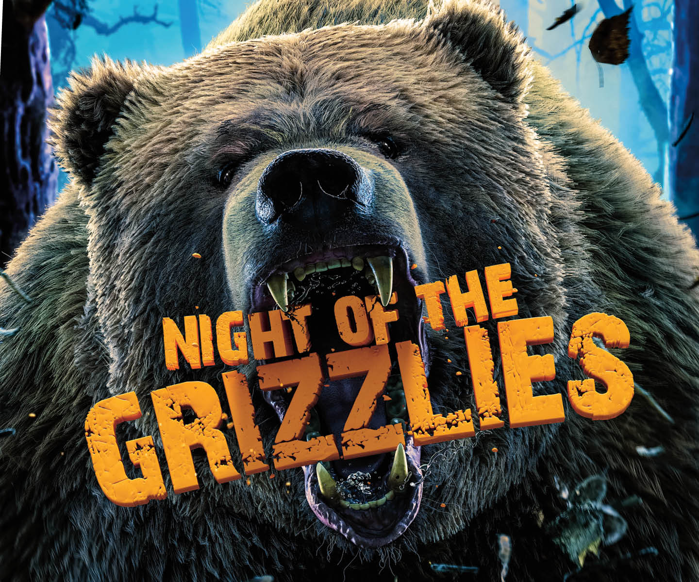 Illustration of an angry grizzly bear with text, "Night of the Grizzlies"