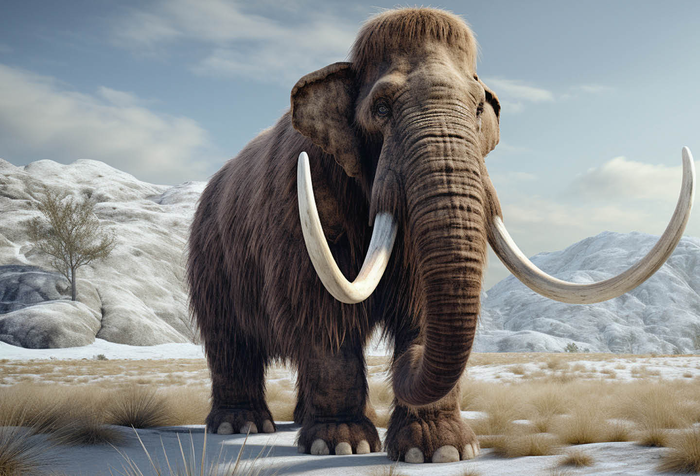 Image of a wooly mammoth walking through a snowy landscape