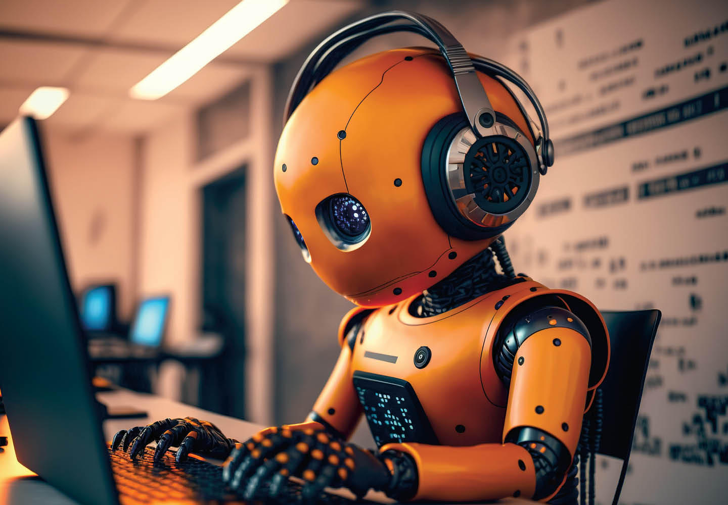 Image of a robot sitting at a desk with a computer